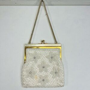 Vintage White and Gold Beaded Floral Evening Clutch Mini Purse